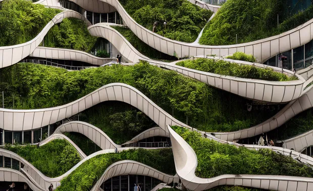 Sustainable building covered in green plants 