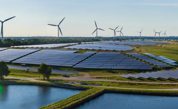 solar farm with wind turbines on the horizon