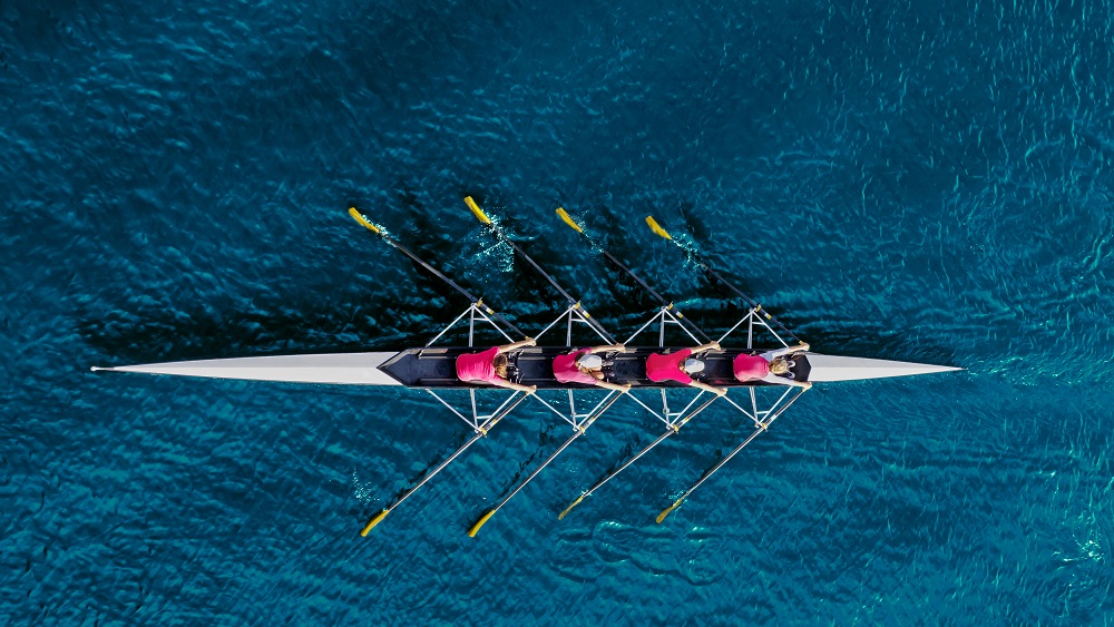 Aerial view of a rowing team