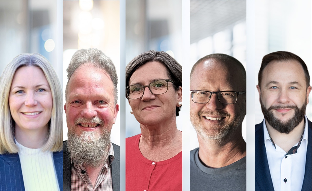 almedalen panelister Kollage med porträttbilder av fem medarbetare. Personerna ler mot kameran och presenteras sida vid sida mot ljusa och neutrala bakgrunder. Bilden förmedlar mångfald, gemenskap och professionell kompetens.