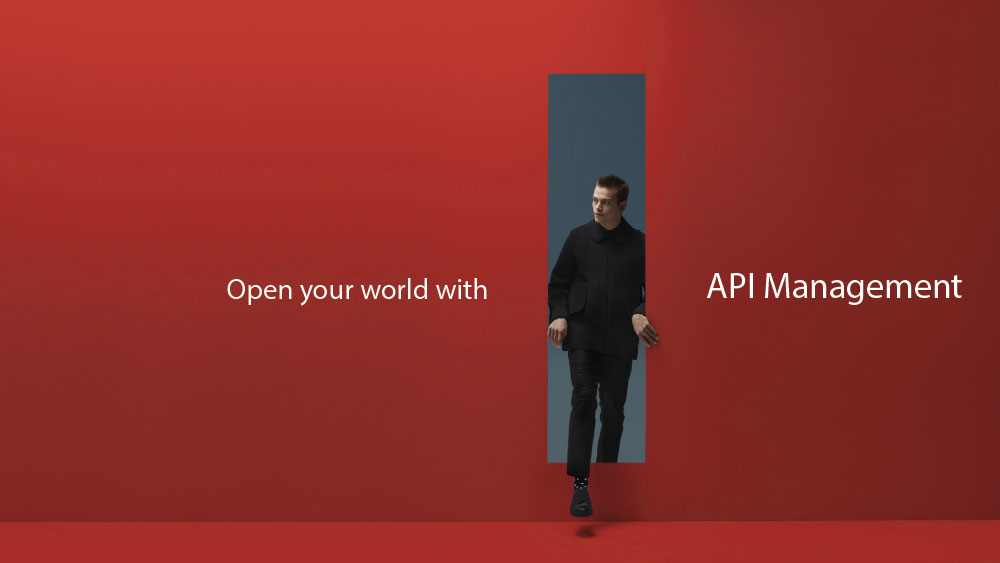 Un homme entrant par une fente sur fond rouge pour illustrer l'API Management