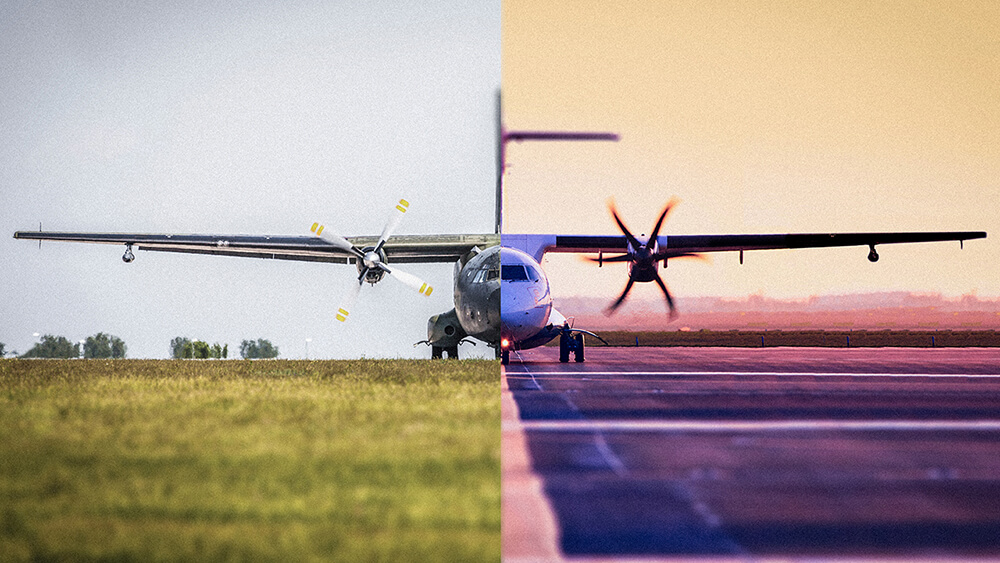 Två ihop klippta bilder där halva bilden visar ett civilt flygplan och andra halvan ett militärflyg