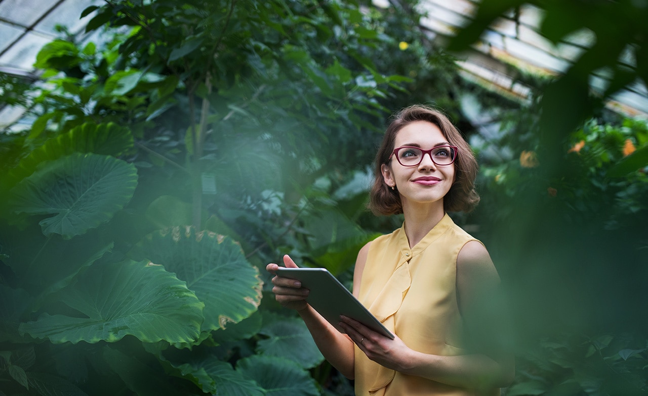 careers lady with tablet surrounded by plants
