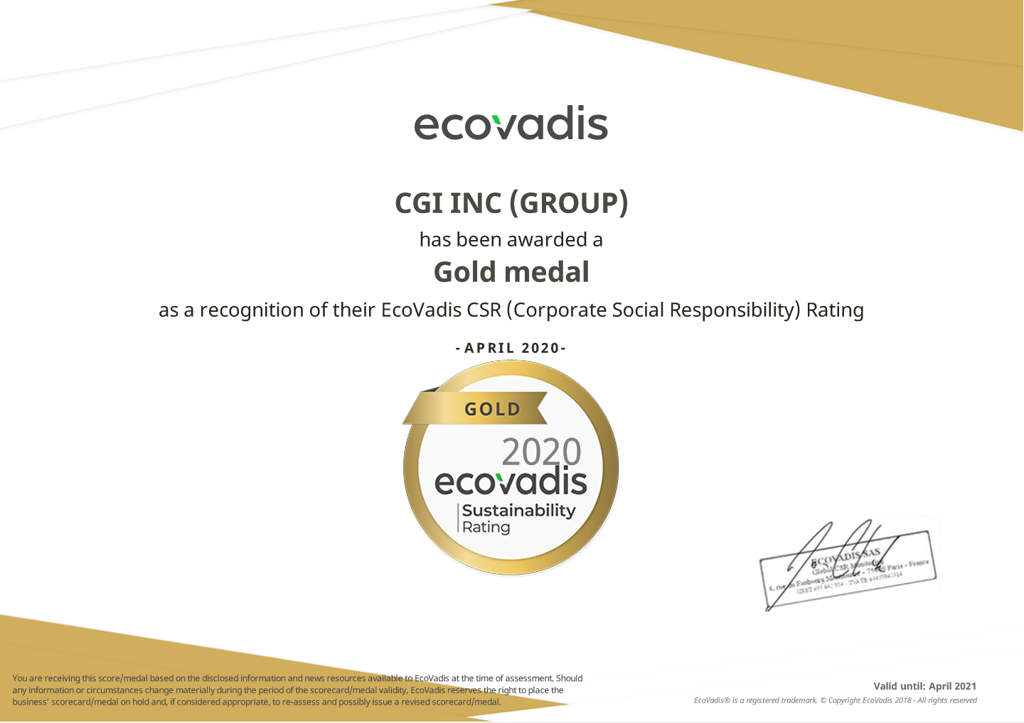 EcoVadis Gold Sustainability Rating