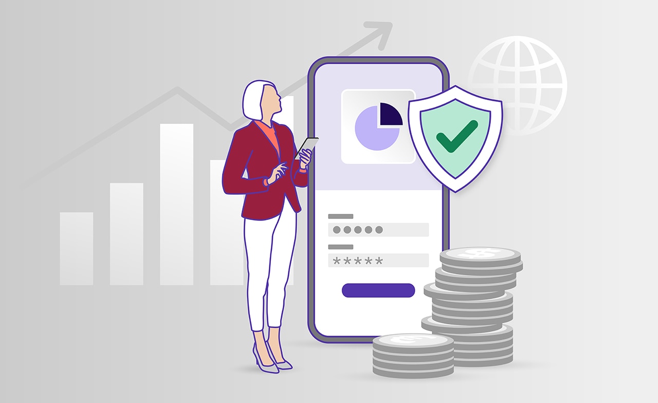 Illustrasjon av mobil med graf, skjold og myntstabler som symboliserer sikker digital økonomi