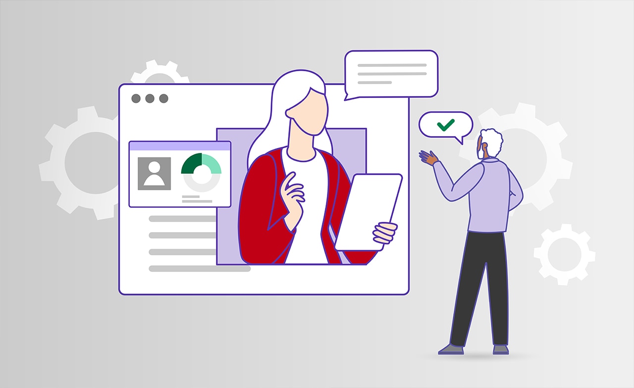 Illustrasjon av en person som snakker med en KI-bot