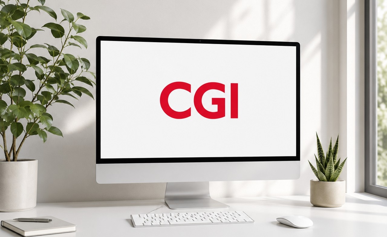 Monitor mit CGI-Logo an einem modernen Arbeitsplatz Monitor mit CGI-Logo an einem modernen Arbeitsplatz