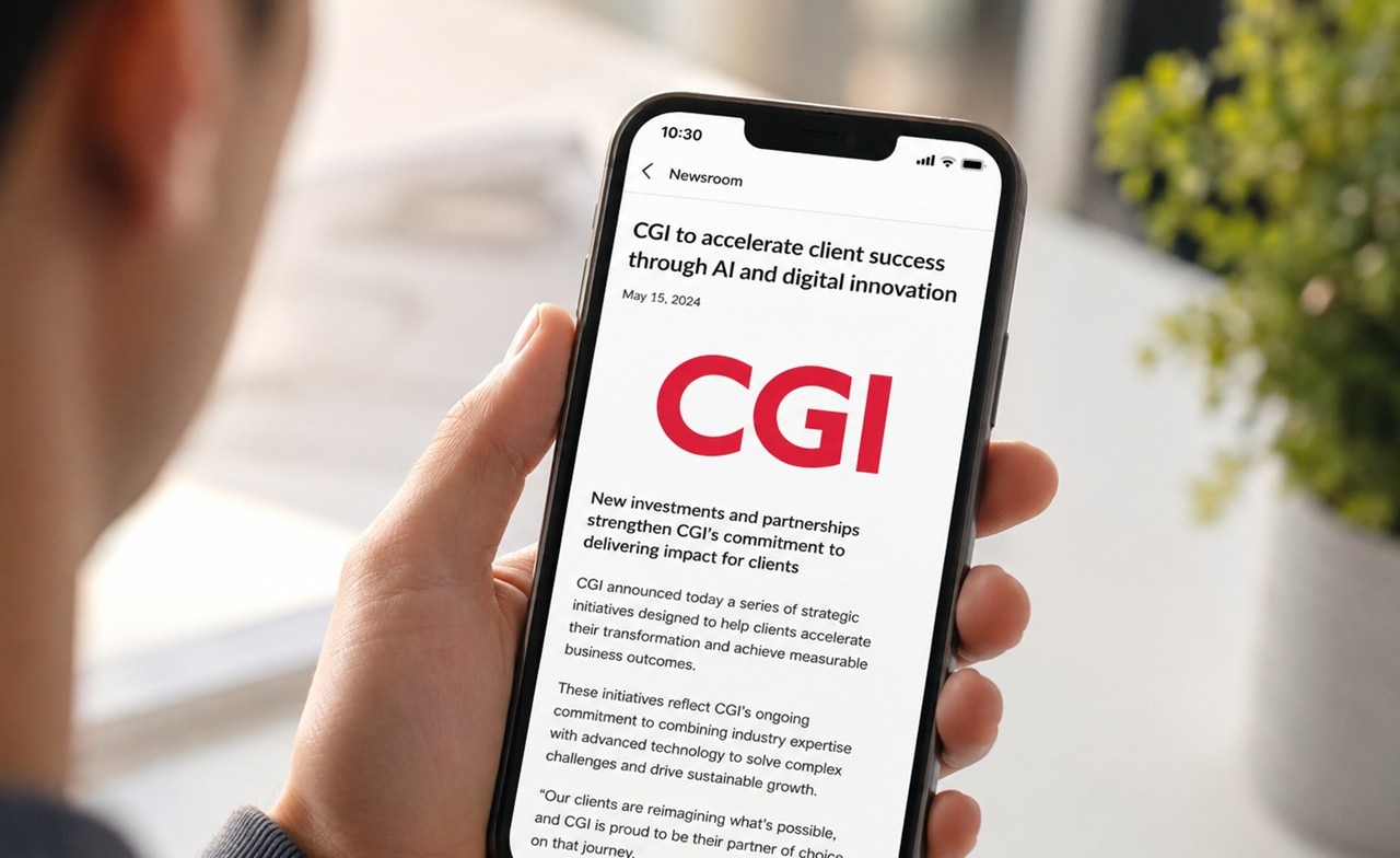 Press release with CGI logo viewed on a mobile device