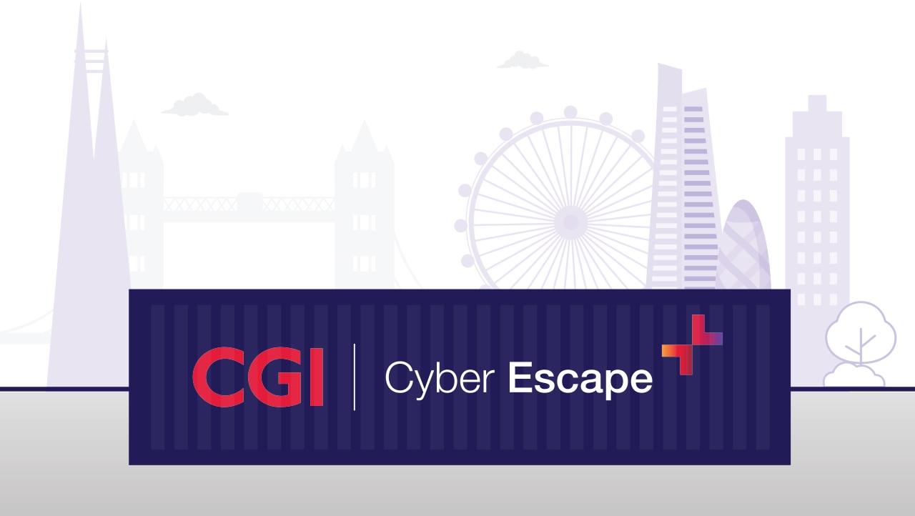 CGI Cyber Escape container against London Skyline background