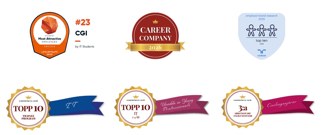 cgi_employer_awards_rankings_2025_2026 Sammanställning av CGI:s arbetsgivarutmärkelser och rankingar för 2025–2026. Bilden visar bland annat plats 23 bland Sveriges mest attraktiva arbetsgivare för IT-studenter, Career Company 2026, topp tio i employer brand research samt utmärkelser för traineeprogram, Young Professionals och civilingenjörer.