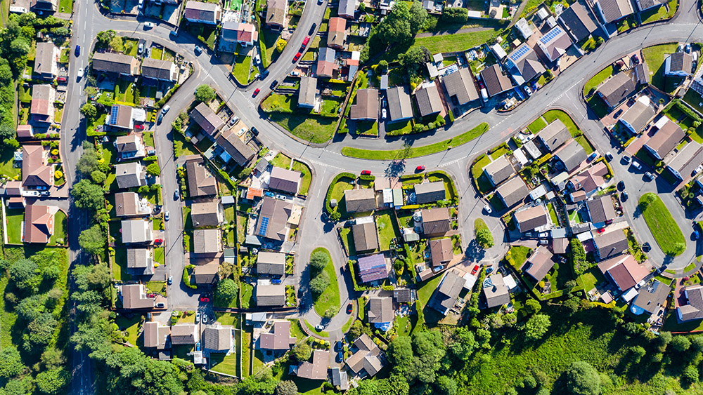 Ariel view of neighborhood streets and houses - CSR