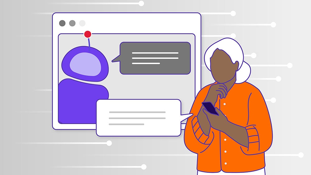 Illustration av en person med headset som representerar kundsupport eller digital service. Bakom syns en profilikon och chattmeddelanden som symboliserar onlinekommunikation och support.