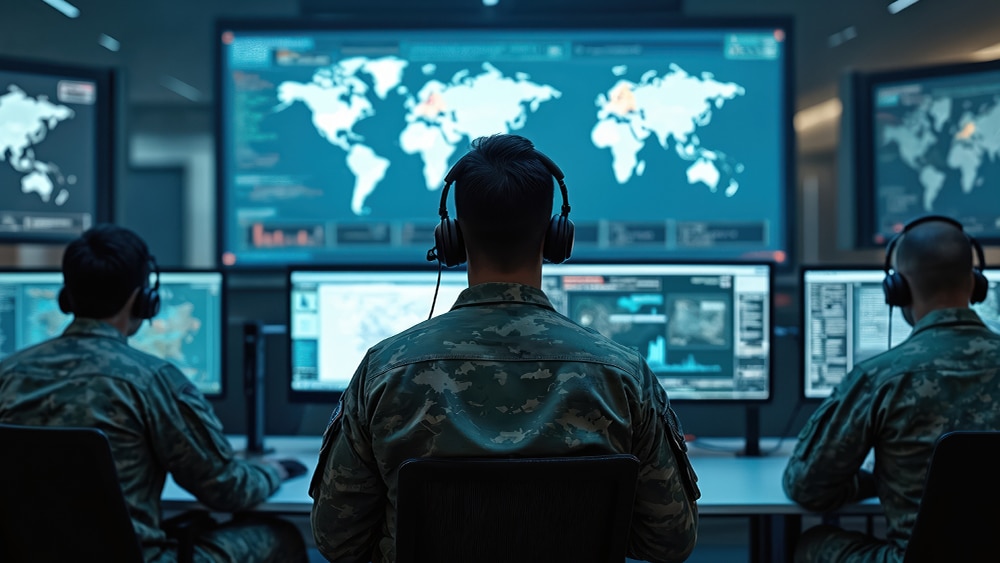 View of world map on screen defense