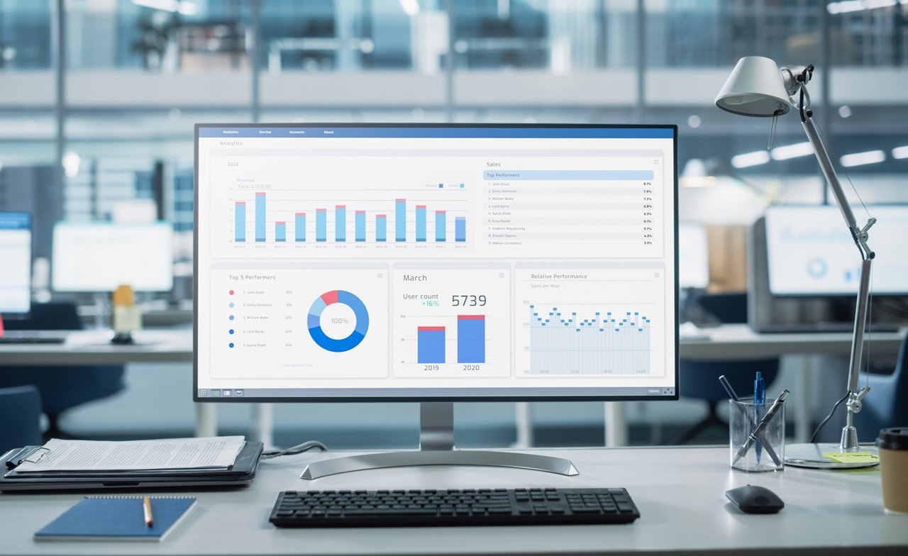 Computerbildschirm mit übersichtlichem Dashboard zu Kosten, Auslastung und Systemleistung in einer stabilen Cloud-Umgebung