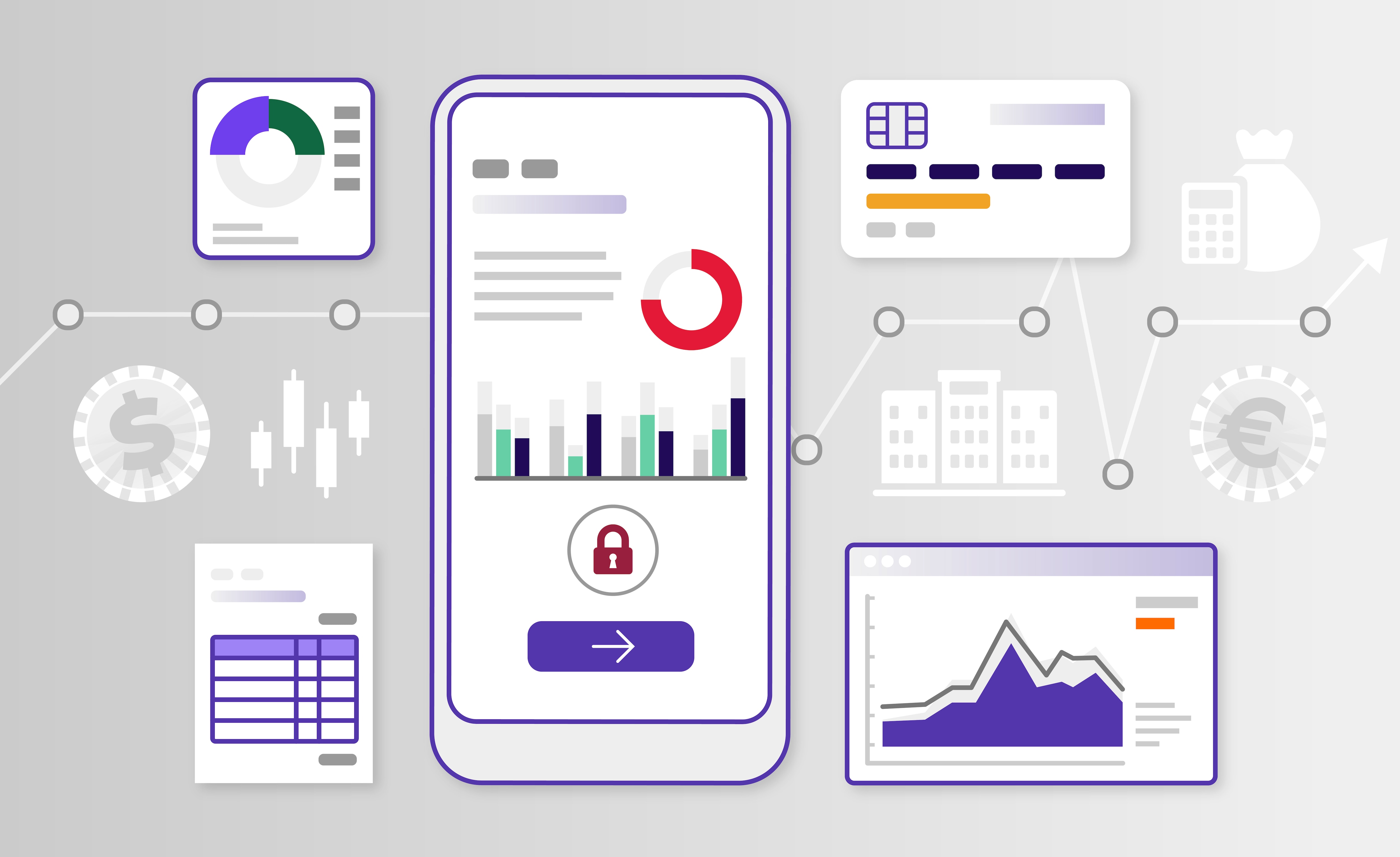 Illustration av en mobilapp som visar finansiell data med diagram och grafer. Ett lås symboliserar säkerhet, och runt omkring syns ikoner för betalningar, kort och analyser, vilket representerar digital ekonomi och datasäkerhet.