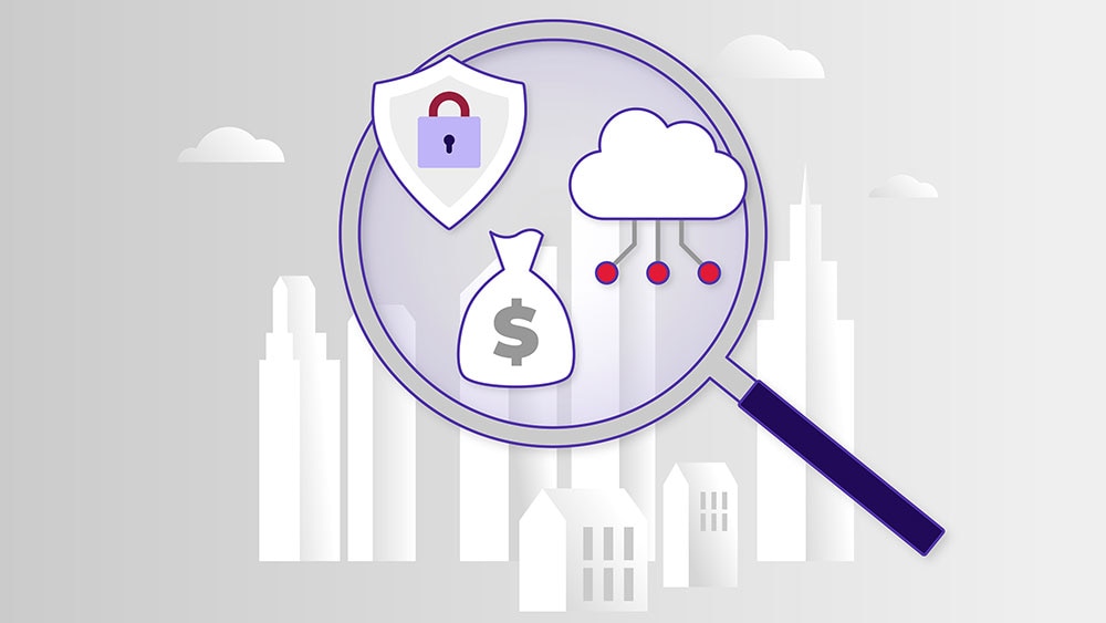 Illustration av ett förstoringsglas som granskar symboler för säkerhet, ekonomi och molntjänster ovanför en stadssilhuett, vilket representerar digital riskanalys och cybersäkerhet.
