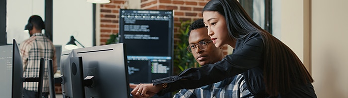two colleagues looking at screen