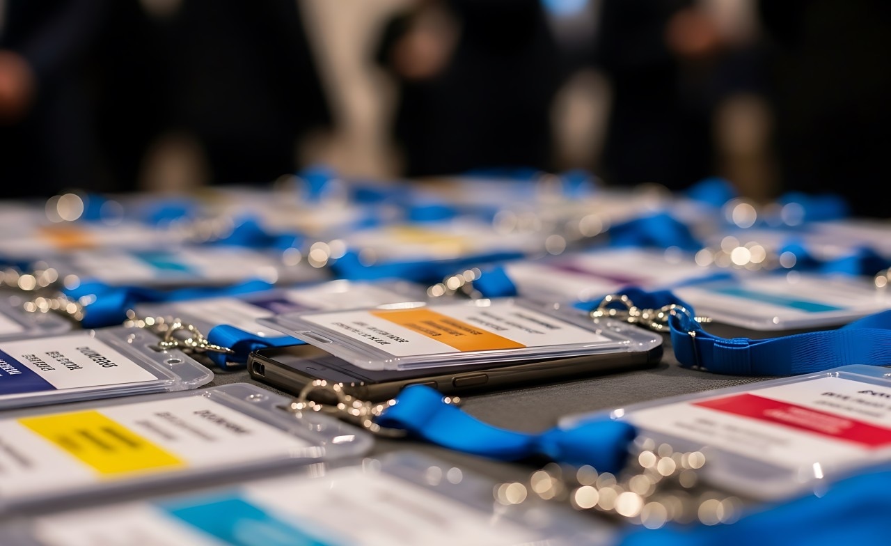 Group of lanyards on an event table