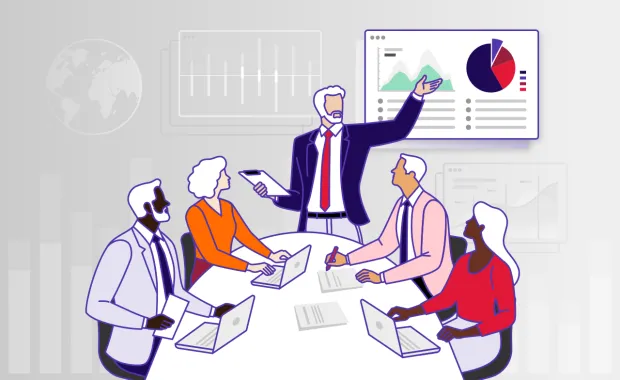 Group meeting discussing business illustration
