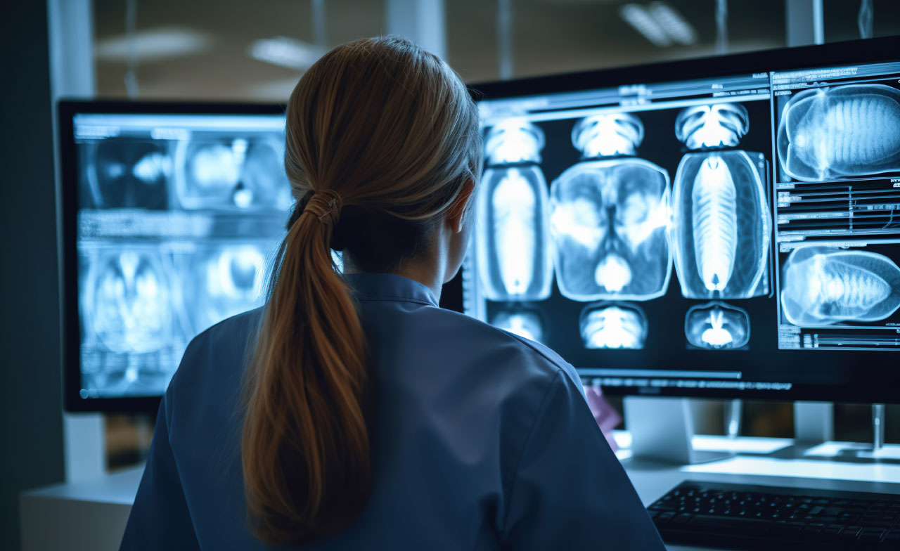 Health professional looks at scan results on a large screen Health professional looks at scan results on a large screen