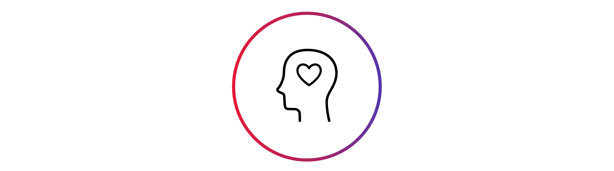 En ikon föreställande en profil av ett huvud med ett hjärta i mitten, vilket symboliserar mental hälsa, empati eller välbefinnande. Inramad i en cirkel med röd till lila färgövertoning och genomskinlig bakgrund.