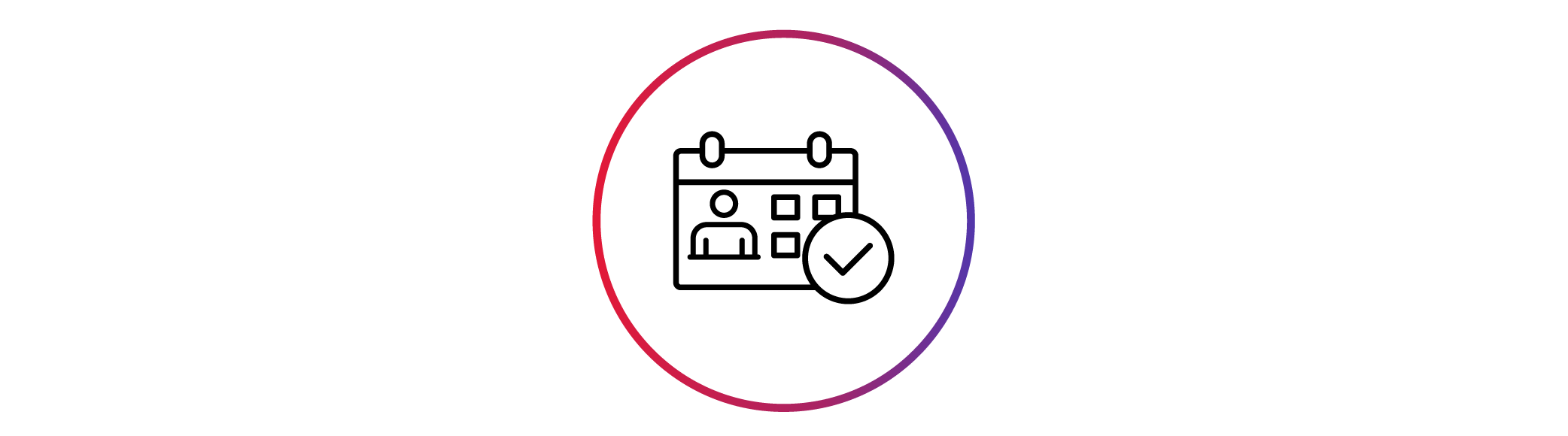 En ikon som visar en kalender med en bockmarkering i en cirkel, vilket symboliserar en godkänd eller bekräftad bokning eller händelse. Ikonen är inramad i en cirkel med lila till röd färgövertoning och genomskinlig bakgrund.
