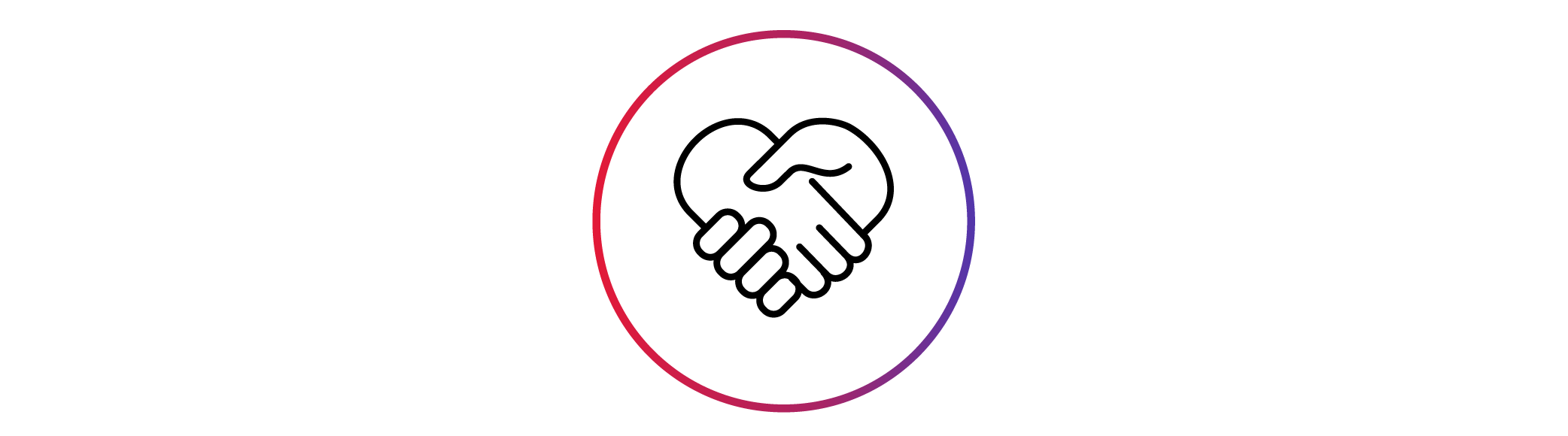 En ikon med två händer som skakar hand, vilket symboliserar samarbete, partnerskap eller överenskommelse. Ikonen är omgiven av en cirkel med lila till röd färgövertoning och genomskinlig bakgrund.