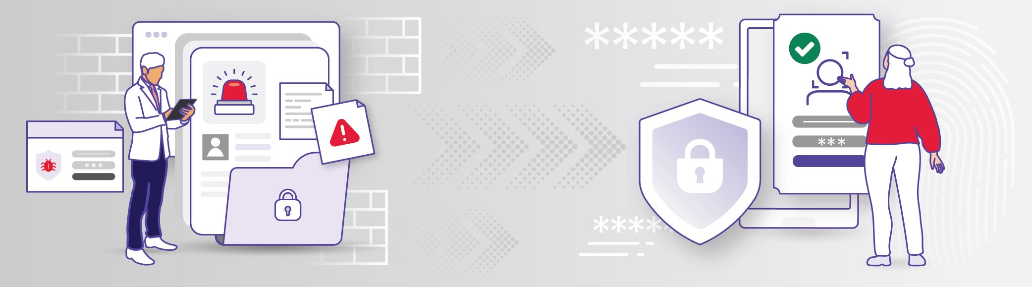 Illustration som visar datasäkerhet: en person arbetar vid en dator med varningssymboler till vänster och en användare loggar in säkert med lösenord och grön bock till höger.