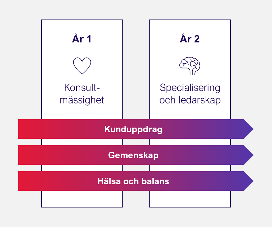 Illustration av ett tvåårigt traineeprogram. År 1 fokuserar på "Konsultmässighet" med en hjärtsymbol, och år 2 på "Specialisering och ledarskap" med en hjärnsymbol. Genom hela programmet löper tre parallella fokusområden: "Kunduppdrag", "Gemenskap" och "Hälsa och balans", illustrerade med färgade pilar.