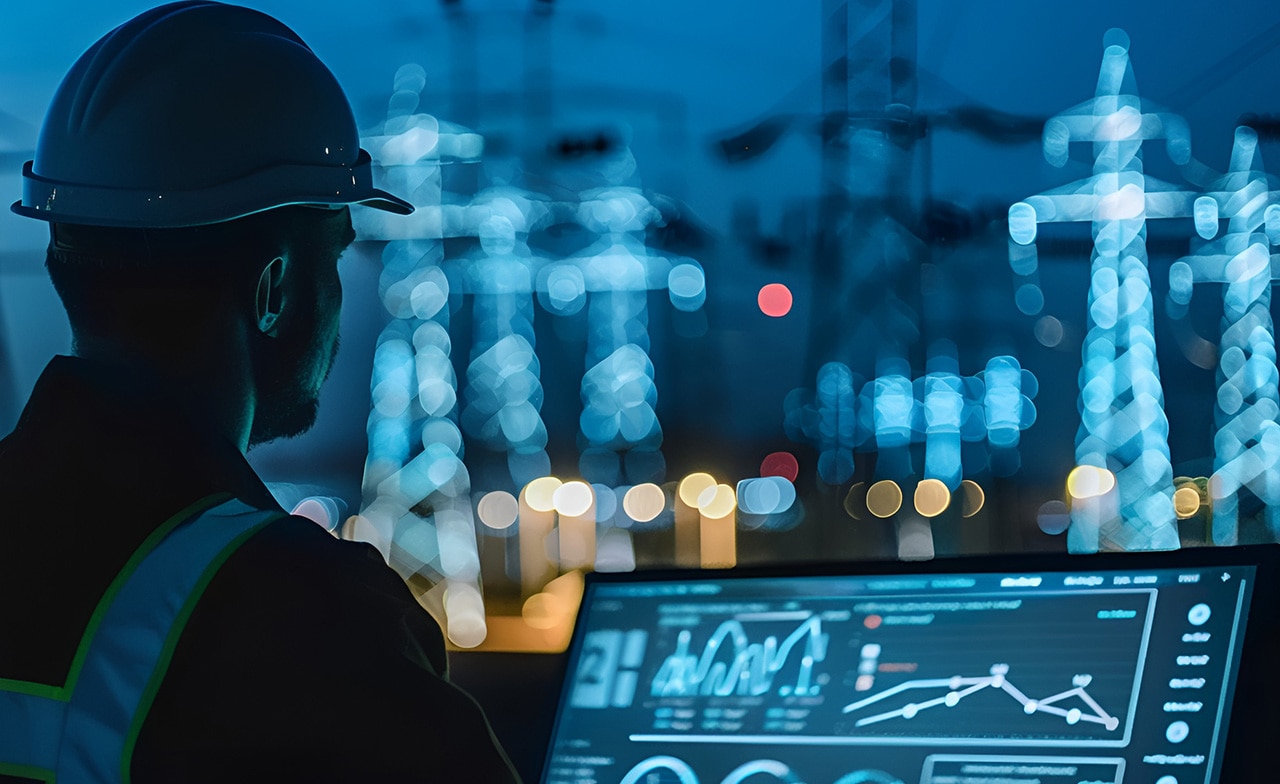 Arbeider med hjelm analyserer energidata på skjerm foran opplyst kraftanlegg. Arbeider med hjelm analyserer energidata på skjerm foran opplyst kraftanlegg.