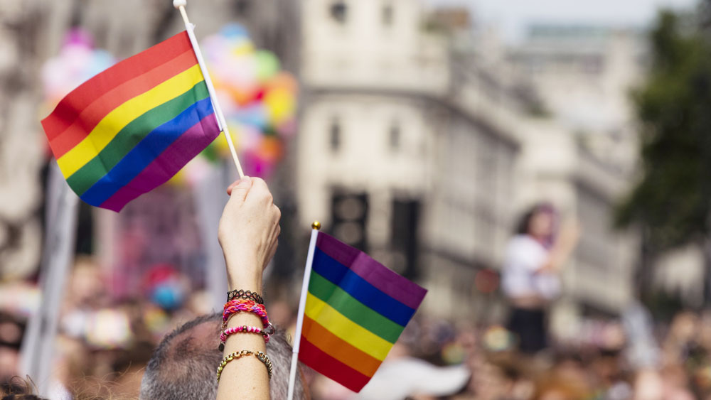 People waving rainbow Pride flags in a crowd 