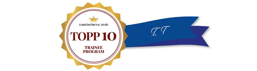 En utmärkelse i form av ett sigill med texten "TOPP 10 Trainee Program" och en blå banderoll med texten "IT". Symboliserar en topplacering inom traineeprogram i IT.