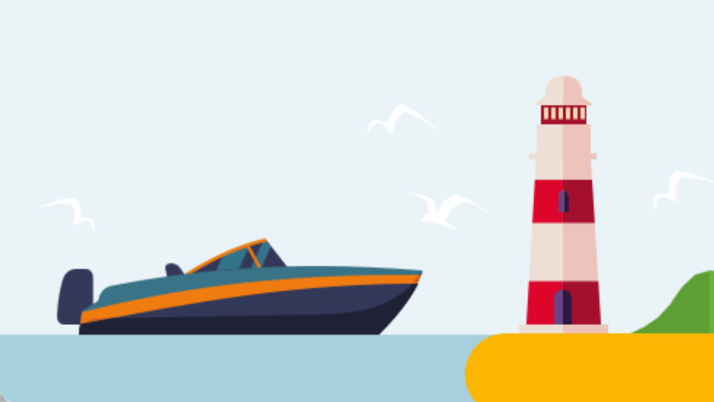 Cartoon image of a boat and lighthouse