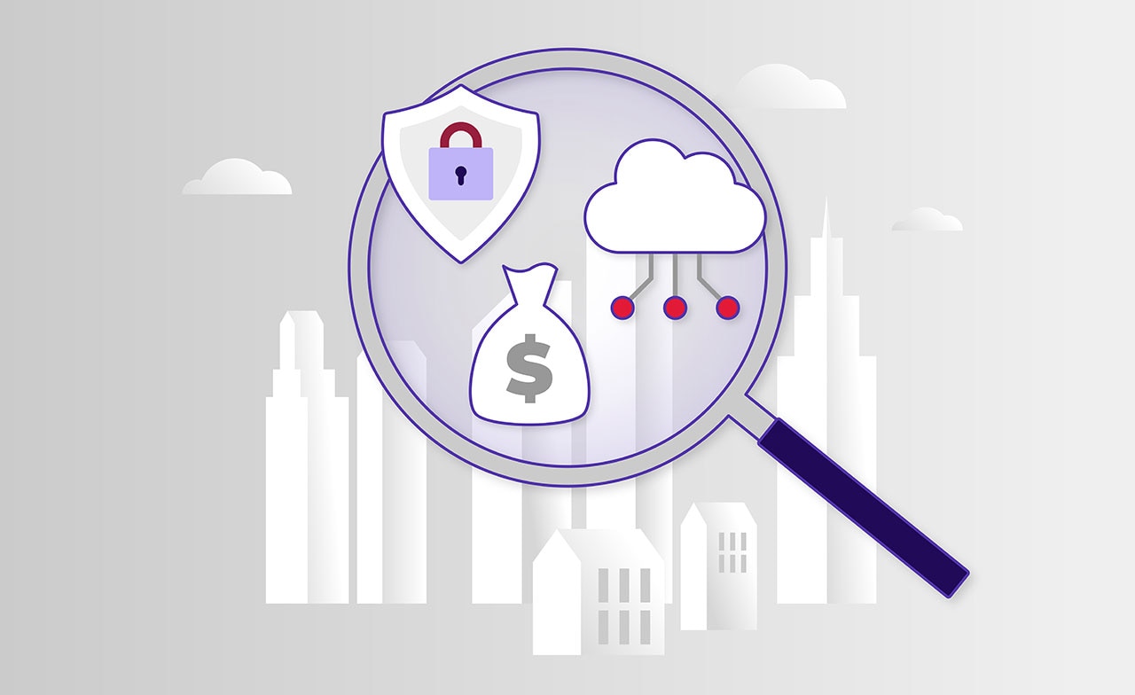 Illustration av ett förstoringsglas som fokuserar på tre symboler: ett sköldemblem med ett lås (symboliserar cybersäkerhet), en pengasäck med ett dollartecken (symboliserar ekonomi eller finansiell säkerhet) och ett moln med nätverkskopplingar (symboliserar molnteknologi eller datahantering). Bakgrunden visar en stiliserad stadssilhuett i gråtoner.
