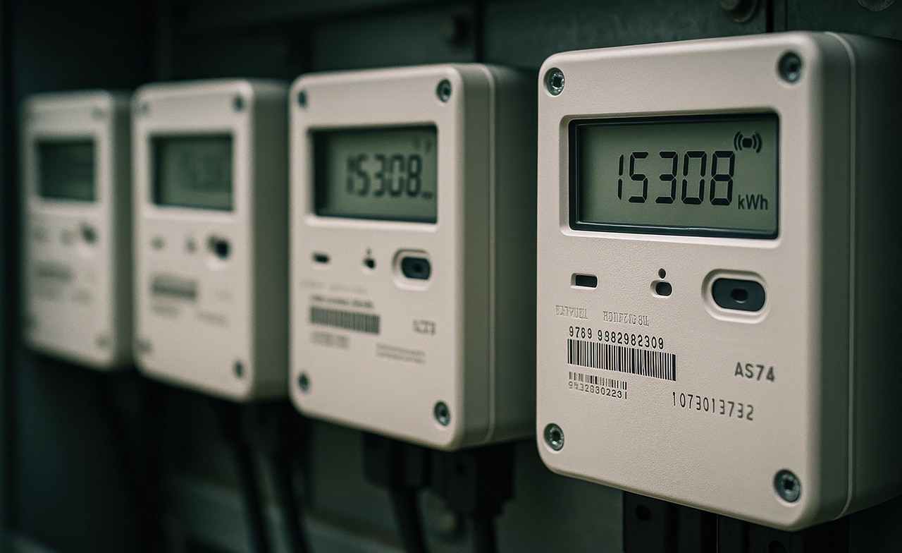 Rekke med digitale strømmålere montert på vegg Rekke med digitale strømmålere montert på vegg