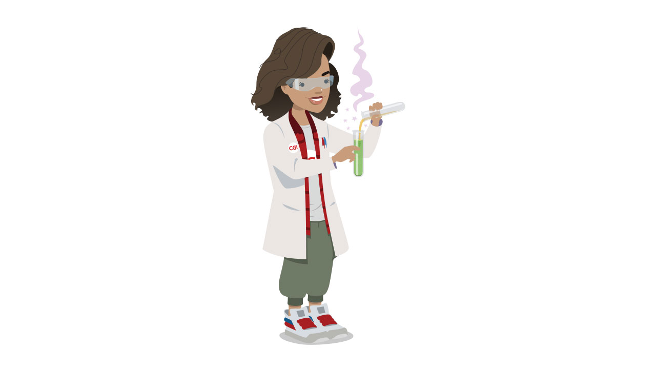 Sol STEM in science lab coat holding smoking test tube