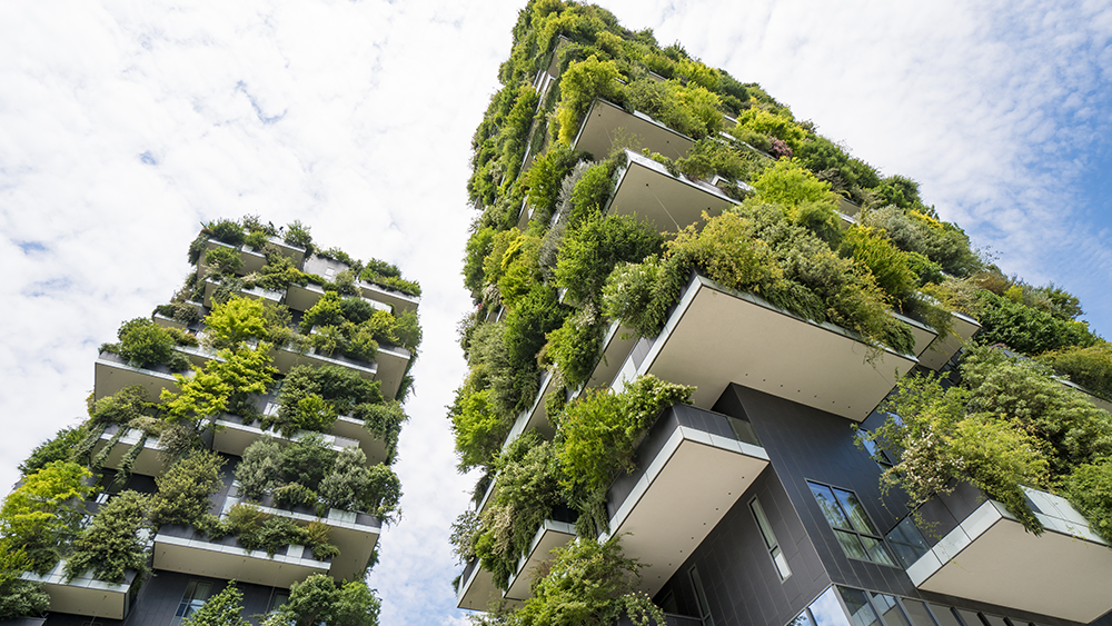 Tall buildings with green plant balconies 