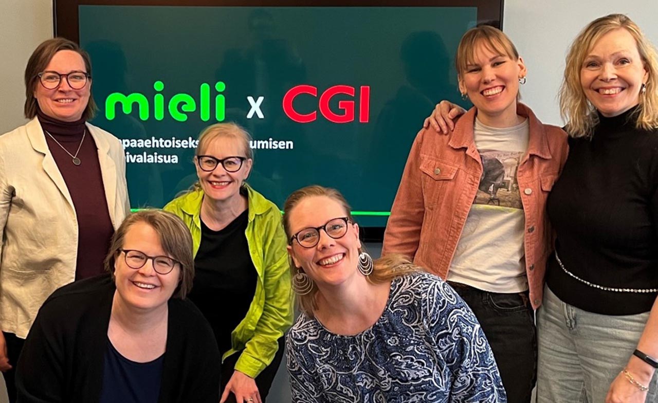 Kuvassa CGI:n Hanna Rekola sekä MIELI ry:n Sanna Vesikansa, Susanna Winter, Katja Müller, Saara Valkeakunnas ja Marjo Nurmi.