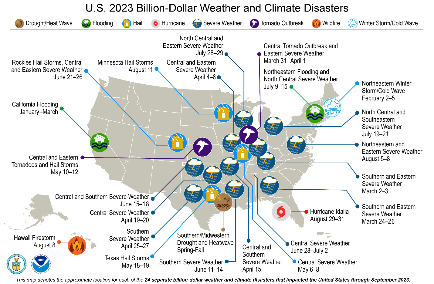 NOAA map showing locations of costly climate-related events