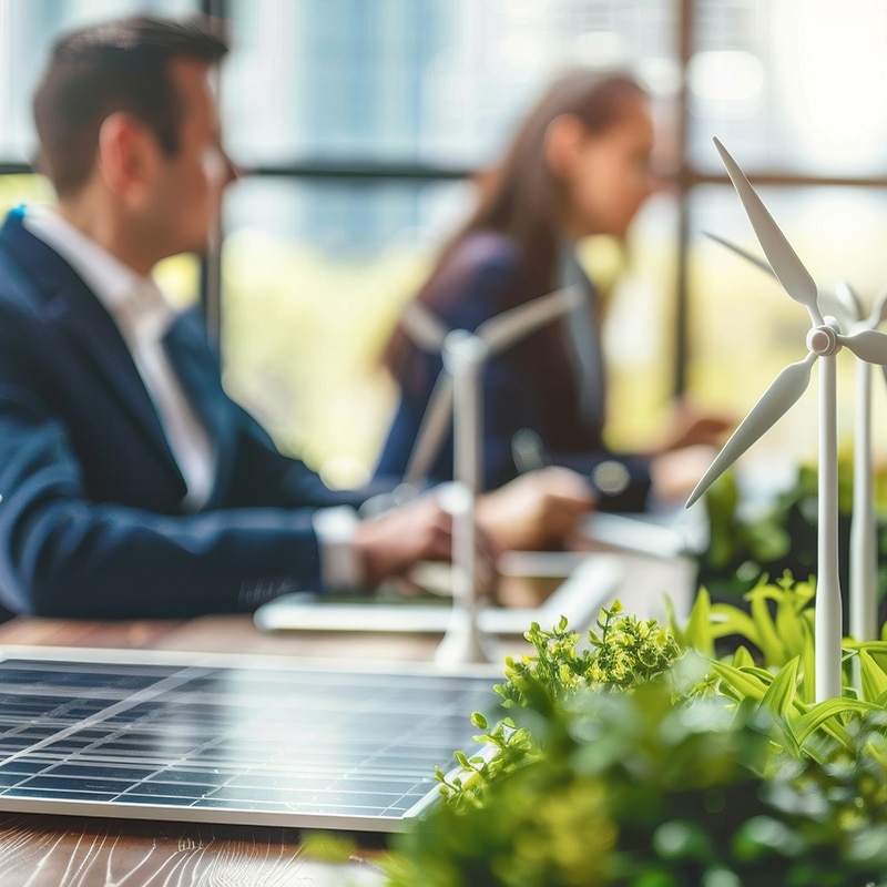 Henkilöt neuvotteluhuoneessa, pöydällä aurinkopaneeli ja pieni tulivoimala