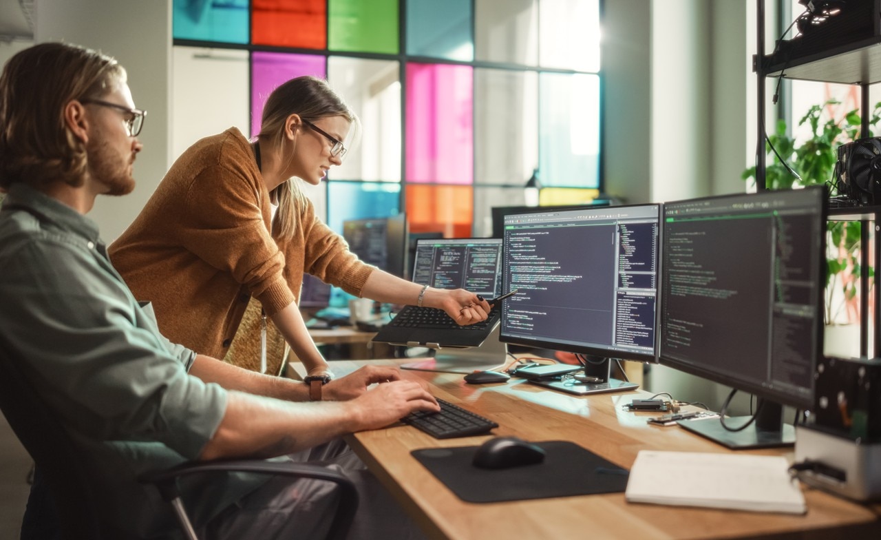 two professionals looking at data on computer screens