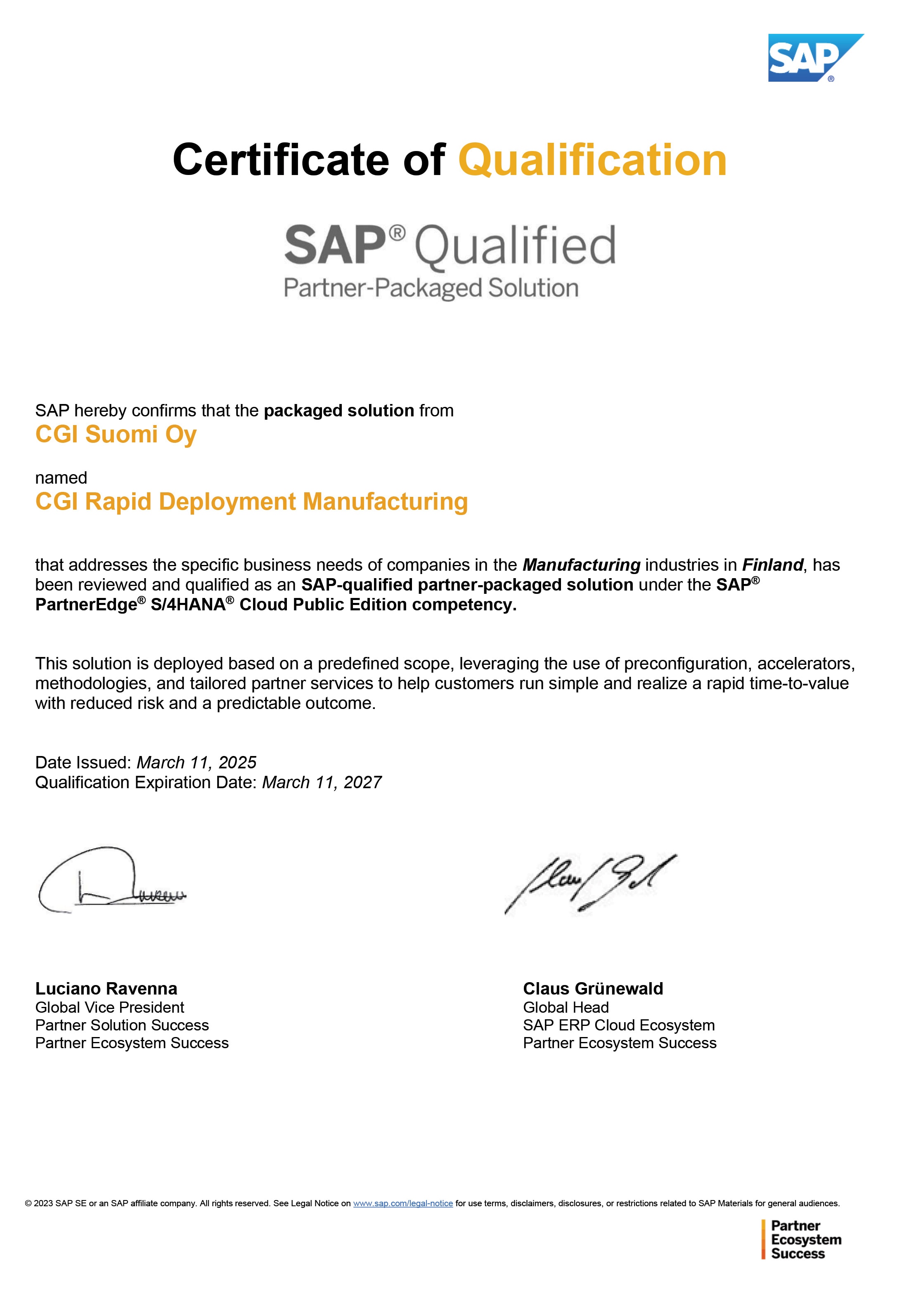 SAP Rapid Deployment Manufacturing certification