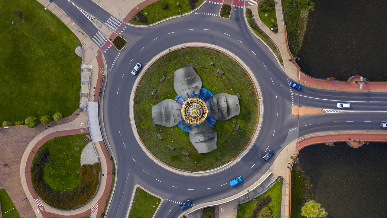 view of traffic roundabout from above