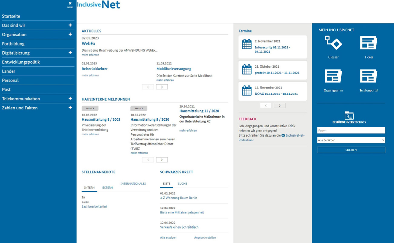 Screenshot InclusiveNet - barrierefreies Behörden-Intranet