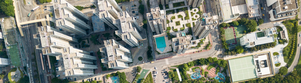 Aerial view of buildings in a smart city setting