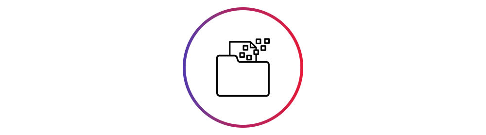 Ikon av en mapp med små datakvadrater som flyger in eller ut från den, vilket symboliserar dataöverföring eller digital lagring. Ikonen är centrerad i en cirkel med lila till röd övertoning, mot svart bakgrund.