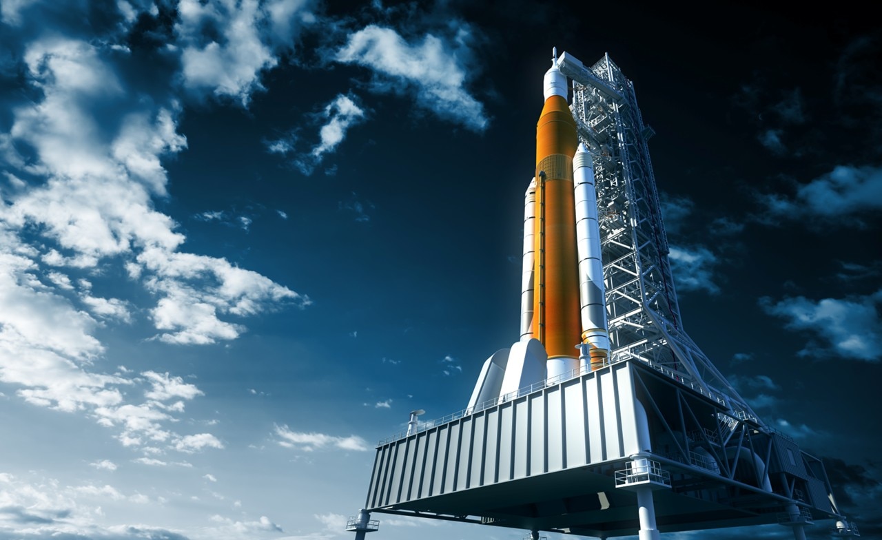 Rocket on a launchpad preparing for space launch