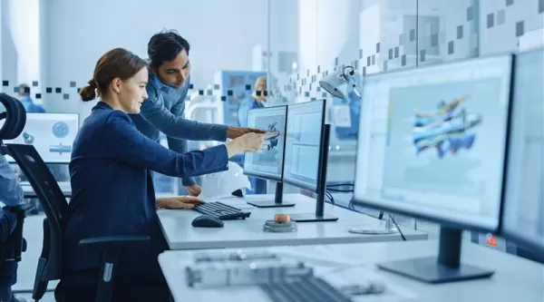 A man and woman pointing at a computer monitor