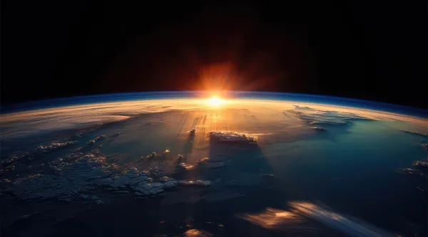 View of sunrise as seen from Earth's orbit in space