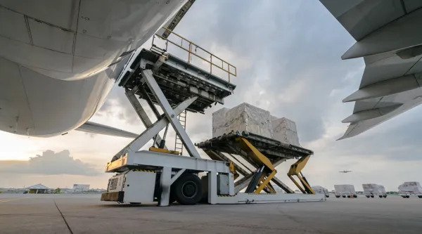 Cargo pallets being loaded into a large aircraft